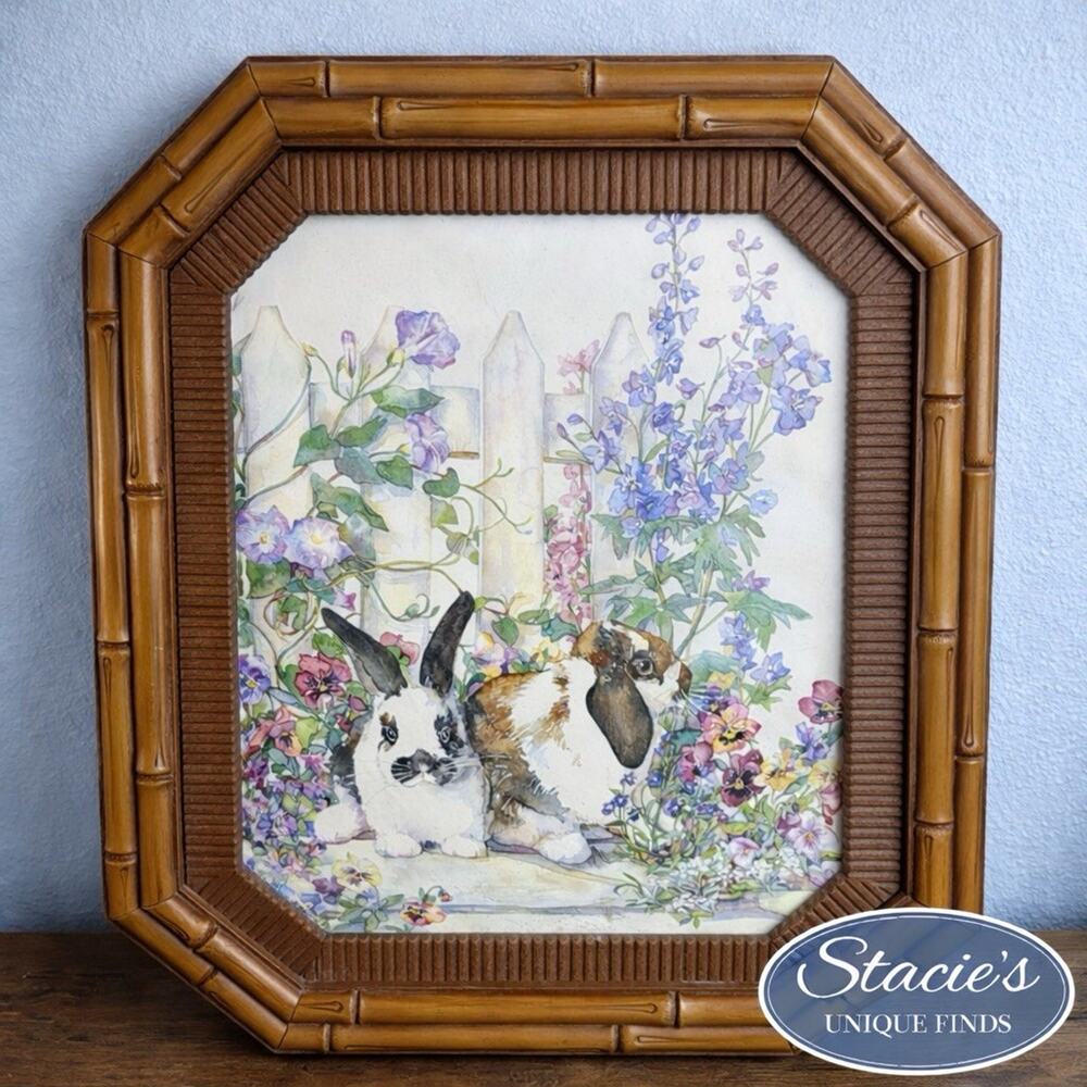 VTG Jodi Jensen Bunny Rabbits Print Bamboo Frame Cottage Garden Wall Art 18”x20”